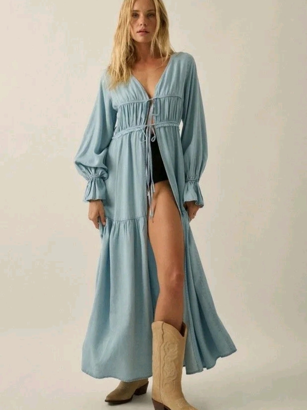 Tencel Denim Bubble Sleeve Light Blue Tie-Front Maxi Duster